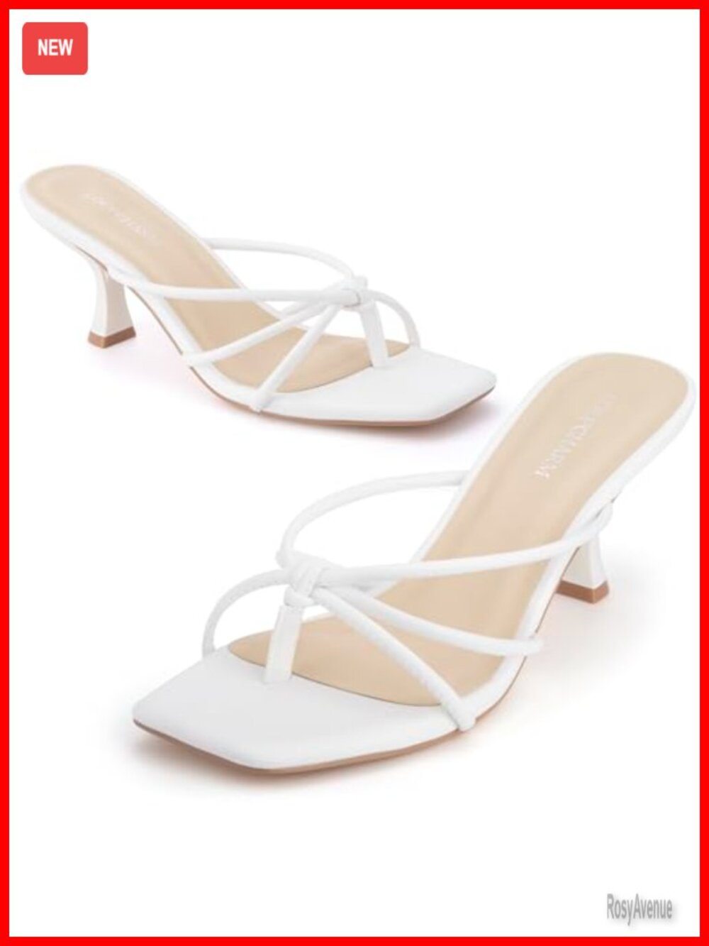 Strappy Kitten Heel Thong Sandals Square Toe Mules PU Slip On
